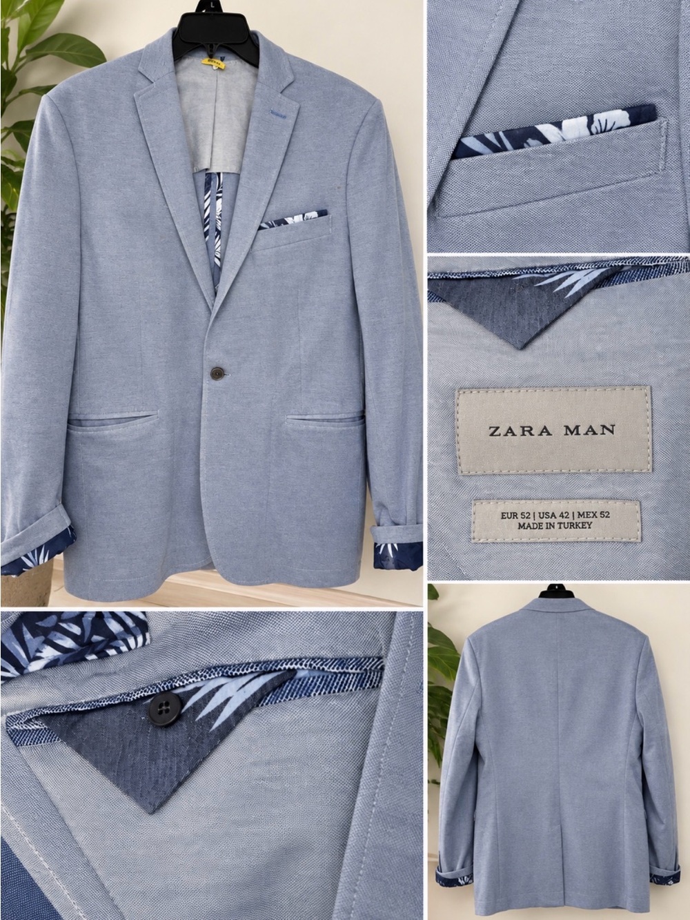 Zara Man Light Blue Textured Blazer with Navy Pocket Square